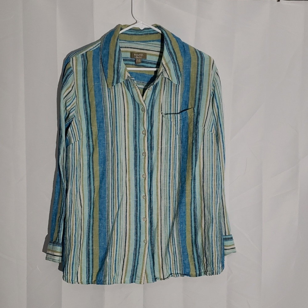 Linen Flax Viscose Blue Green Striped Roll Tab Sleeve L Petite Button Up Top